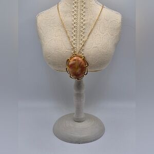 Ding Dong AVON is Calling!  Gold Tone & Pink Marbled Stone Pendant Necklace